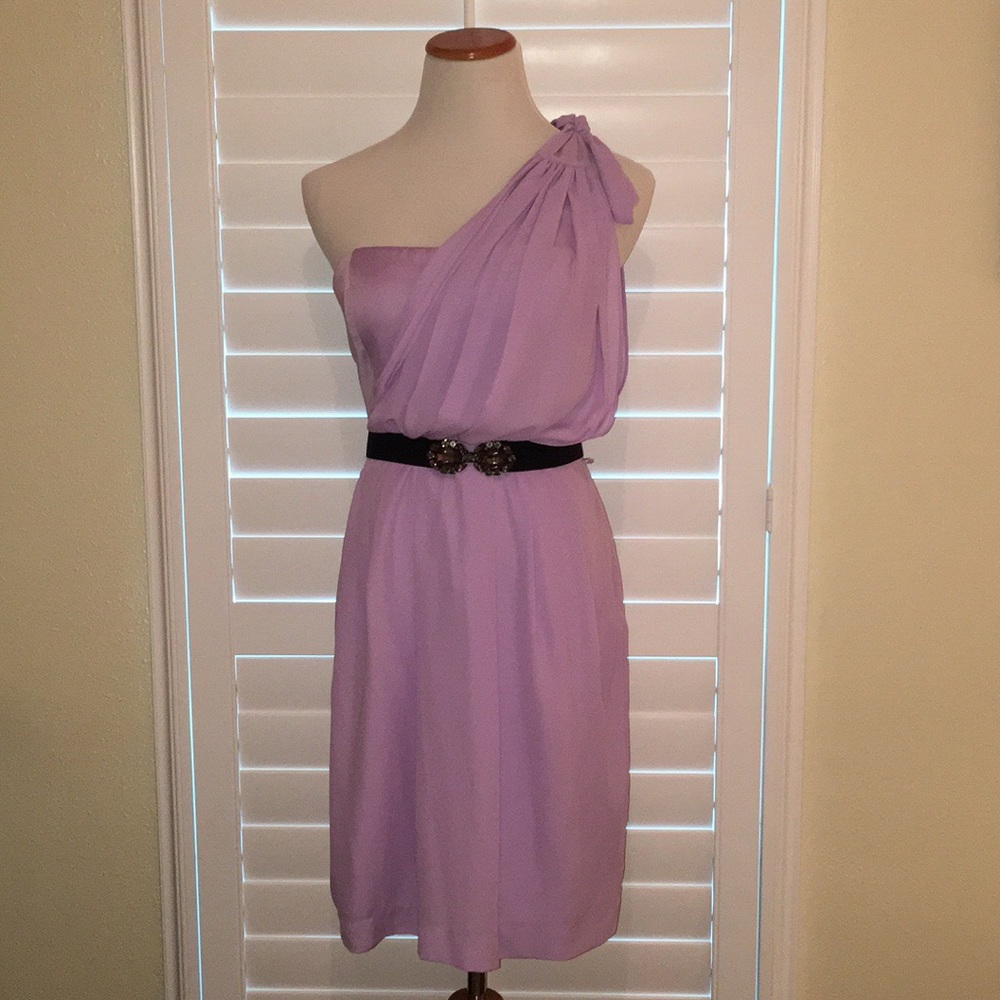 BCBG belted one shoulder lavender cocktail dress!